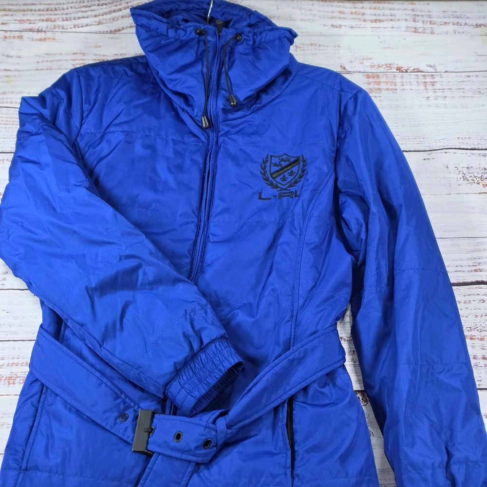 Lauren Ralph Lauren Puffer Jacket Womens L Blue Excellent Belted Crest Logo